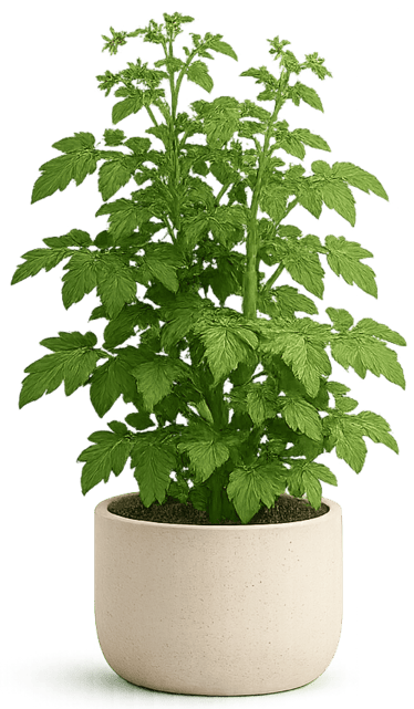 Leafy tomato plant with limited flowering and fruit development