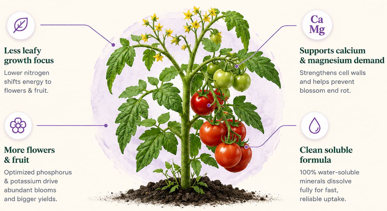 Tomato plant showing how advanced bloom nutrition supports flowering, fruiting, calcium and magnesium demand and nutrient uptake