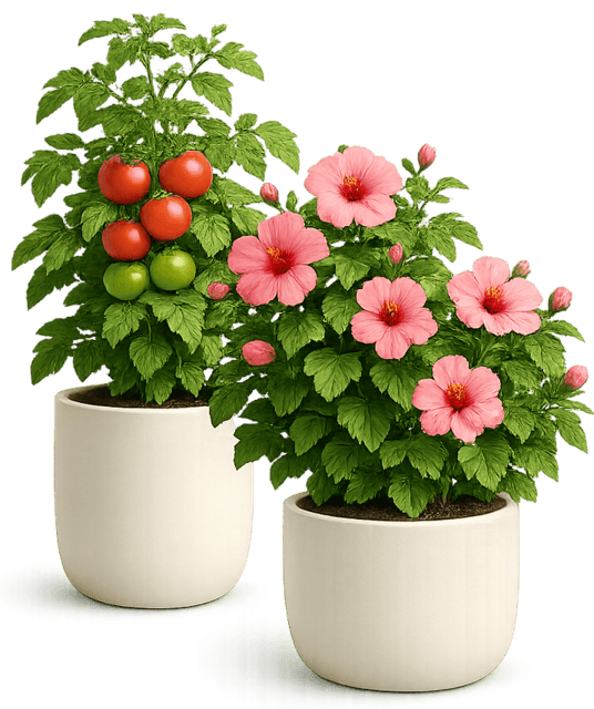 Fruiting tomato plant and flowering ornamental plant