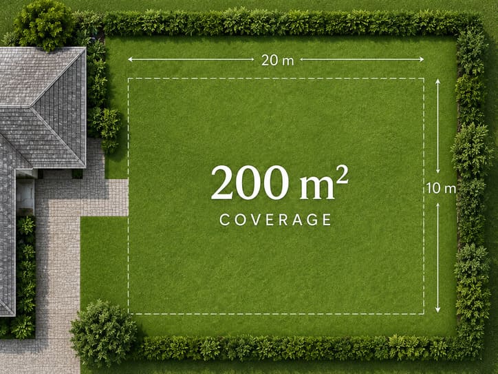 Illustration showing 200 square metres of lawn as approximately 20 metres by 10 metres
