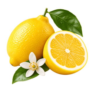 Fresh lemons with citrus leaves