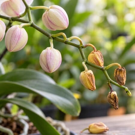 Orchid spike with healthy buds and yellow, shrivelled buds