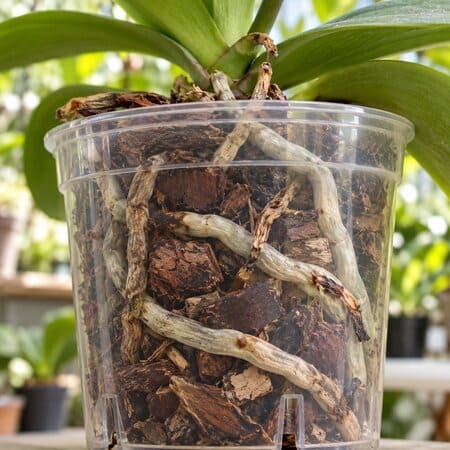 Orchid roots and old bark in a clear pot